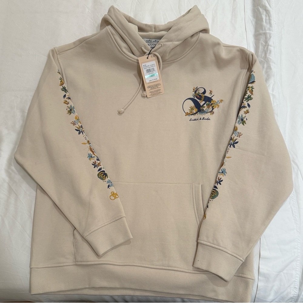 Scotch & Soda Cream Hoodie with Blue and Yellow Embroidery